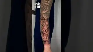 Forearm Tattoo Lion, Cub, Roses & Family Scene. #tattoo #liontattoo