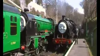 Thomas Tank steam. Emily meets Hero on Medstead Bank. Mid Hants Railway. April 2013