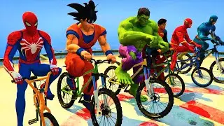 SUPERHEROES Bike Challenge on Rampa with Spiderman, Hulk, Superman, Flash, Goku. GTA V Mods