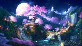 Asian homes with violet moonlight and cascades ,waterfalls and pond.