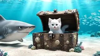 A fluffy white kitten emerges from a treasure chest at the bottom of the ocean. #ai #aivideo #ai