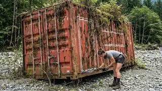 I Turned a Fallen Shipping Container Into a Hidden Riverbed Cabin (ASMR)