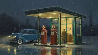 Oldies playing at a vintage gas station and it's raining at night