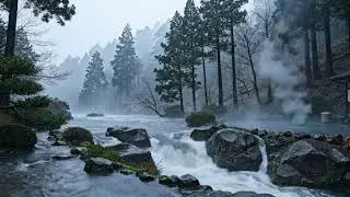 Relaxation with rain and thunder sound at mountainside.