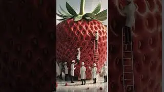 A surreal scene depicting tiny people working on a gigantic strawberry.