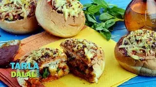 Pizza Burger Bowl, Stuffed pizza burger bun by Tarla Dalal