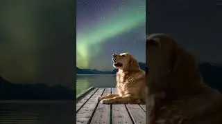 A Dog Golden Retriever Northern Lights over the Fjord at Norwat