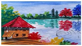 easy water reflection scenery drawing|জলছবি সিনারি অঙ্কন|Beautiful still water reflection painting