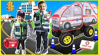 Ambulance rescue team saving toys in kids power wheels emergency rescue vehicle for toddlers