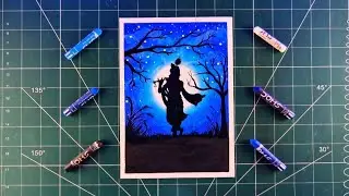 Krishna Silhouette Drawing | Moonlight Night Scene | Oil Pastel Step by Step for beginners ☺️