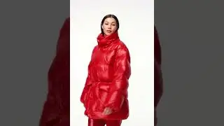 H&M Hooded Down Puffer-Jacket Parka Nylon Women Shiny Glossy Wetlook Red