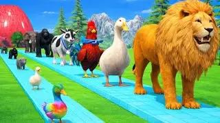 Long slide Game With Cow Elephant Gorilla Hippopotamus Tiger - 3D animal Game - Funny 3D animals