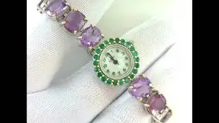 Sumptuous Sterling Silver Bracelet Wrist Watch With Big Amethyst & Emerald