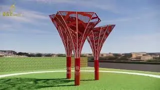 large red metal abstract modern tree sculpture