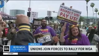 Multiple unions rally in downtown Los Angeles to support Hollywood writers