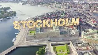 Inscription on video. Stockholm, Sweden. Royal Palace in Stockholm. Kungliga slottet. Aerial view. H