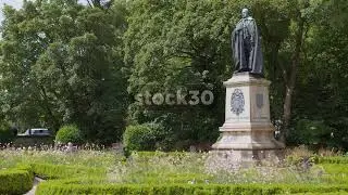 Wide Shot Of Statue Of John Marquess Of Bute, Gorsedd Gardens, Cardiff, Wales, UK