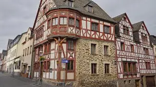 Medieval half-timbered house with intricate designs in the Rhine Valley, Rhens, Germany