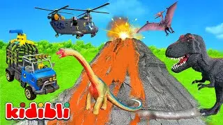 Spielzeug-Dino-Rettung 🦕 Helikopter rettet alle Dinosaurier vor dem Vulkan-Ausbruch! | Kidibli