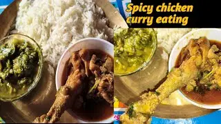 Eating Spicy 🔥🥵 Country Chicken curry with rice, Palak saag#eating #chicken#asmr#bengali @Neh-m5z