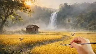 🎨 Painting a Peaceful Golden Rice Field with Waterfall | Relaxing Acrylic Landscape Tutorial | #059