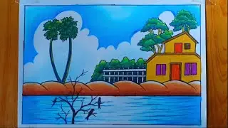 Beautiful nature scenery drawing || nature scenery drawing || very easy nature scenery drawing ||