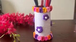 Waste tissue paper roll hacks/craft ideas with clay/diy pen holder #video #clay #tissue #craft