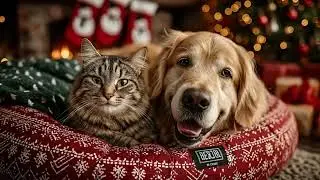 Cozy Christmas Fireplace with Sleeping Golden Retriever & Tabby Cat 🐶🐱🔥 Snowfall Ambience