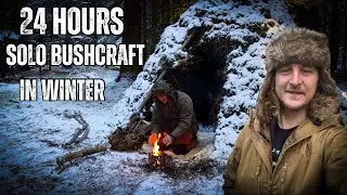 SOLO Winter Bushcraft Camping In A Survival Shelter - Snowing!