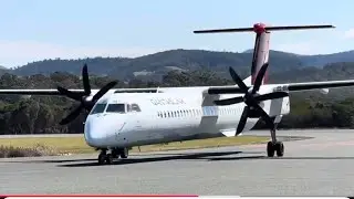 A Qantas Link Dash8-Q400 arrives in Merimbula Airport on runway 03.