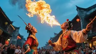 Chinese guy street-dressing fire-eating, fire-swallowing acrobatics!#acrobatics#culture