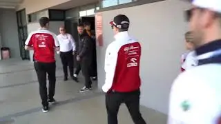 Kimi Raikkonen walking to 2020 Testing Press Conference at Barcelona