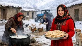 Rural life in Iran, a cold snowy day, baking traditional tandoor bread, and homemade food