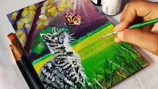 How to Draw a Cat with cute Butterfly 🦋 || Acrylic Painting Step by Step for Beginners