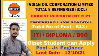 IOCL Recruitment 2021 / Indian Oil Recruitment 2021/ Jr.Engineer Pay :- 25,000 - 1,09,000/- 🔥🔥🔥#iocl