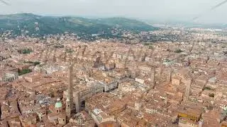 Bologna, Italy. Old Town. Two Towers. (Le due Torri) Garisenda and degli Asinelli. Towers from th...