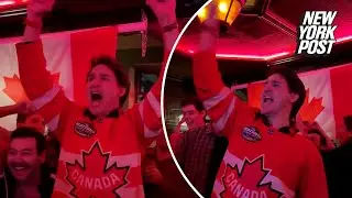 Justin Trudeau celebrates after Canada wins the 4 Nations Face-Off ice hockey tournament