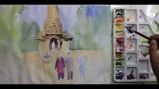 Temple Scene composition watercolor painting