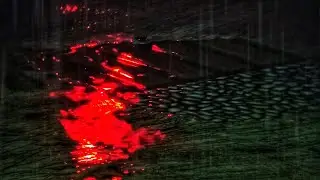 Heavy Rain at Night with Red Street Light Reflections | Moody Urban Rain Sounds