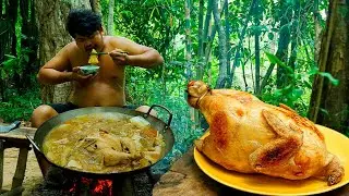 Survival Bamboo Rainforest | Cooking Hot Chicken Soup Eating Under Raining And Give Your Body Warm.