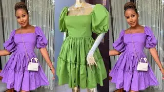 How to cut and sew an off shoulder gathered tiered dress with puffy sleeves