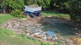 Delete the pond behind house to operation building new house by skill dozer pushing with dump truck