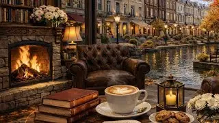 Cozy Autumn Cafe Ambience 🍂 Fireplace, River View & Soft Piano | 4K