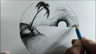 Beautiful Sunset Scenery Drawing with Palm Tree | Step-by-Step Pencil Sketch