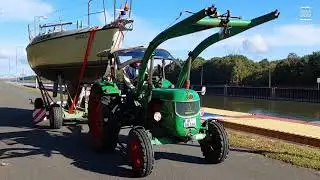 Bootstransport mit Traktor DEUTZ D 50s von Scharnebeck nach Aljarn am 08.10.2023