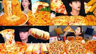 2X SPEED EATING PIZZA 🍕 CHEESECAKE ,CHICKEN 🍗 AND FIRE 🔥NOODLE BUKBANGERS CHALLENGE 