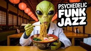 Psychedelic Funk Jazz Music with Alien Eating Ramen at Japanese Restaurant