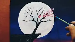 Cherry Blossom under Moonlight / Acrylic Painting Technique / Easy Painting for Beginners .