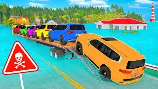 Triple Flatbed Trailer vs Speed Bumps | Cars Launching (BeamNG) #20 🔧