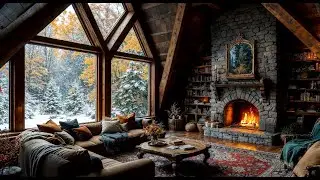 🔥 Warm Cabin Evening: Fireplace and Snowfall for Sleep, Study, and Relaxation.